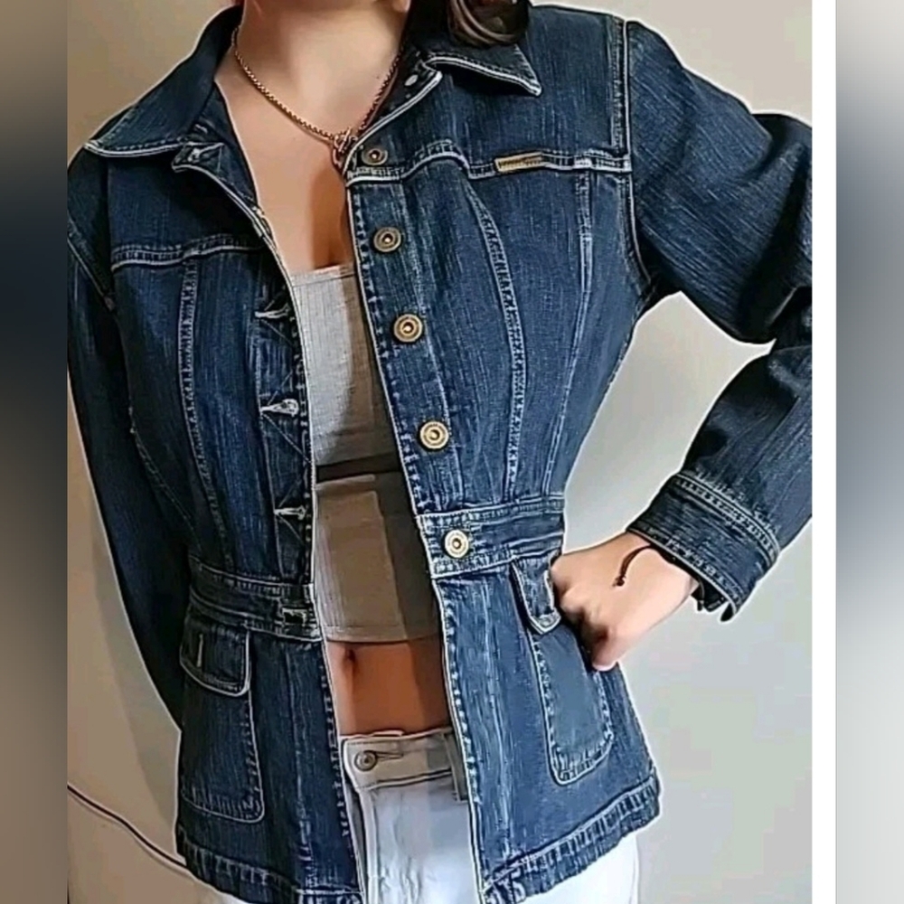 Vintage 90s Liz Claiborne Denim Jacket Petite Small Blue Bear Embossed